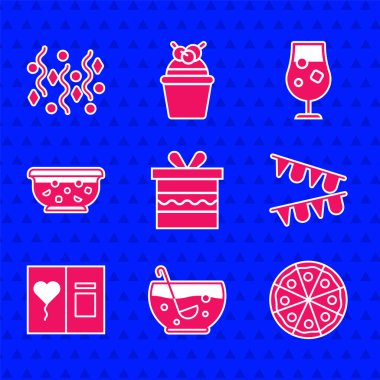 Hediye kutusu, kasede karışık punç, bayraklı pizza, bayraklı karnaval çelengi, tebrik kartı, kokteyl içeceği ve şenlikli konfeti ikonu. Vektör
