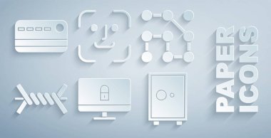 Kilidi bilgisayar monitörüne, grafiksel şifre korumasına, dikenli tele, güvenli, yüz tanıma ve kredi kartı simgesine ayarla. Vektör