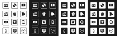 Online oyun videosu, Popcorn box, Movie clapper, Camera vintage film rulo kartuşu, CD DVD diski, sinema bileti ve 16k simgeli Screen TV. Vektör