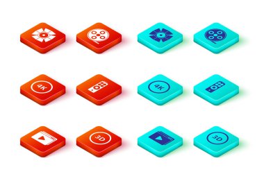 Çevrimiçi oynatma videosu, 3D kelime, 4k Ultra HD, Uzaktan kumanda, Film makarası ve Movie spot ikonu. Vektör