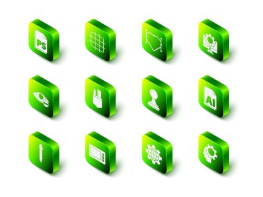 Izgara grafik kağıdını ayarla, Bezier eğrisi olan kalp, bilgisayar monitörü ve donanımı, yapay zeka dosya belgesi, insan kafası içinde, Pul, Dünya Küresi ve Grafik tablet simgesi. Vektör