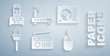 Radyo 'yu anten, vinil çalar, elektrik prizi, bilgisayar faresi, Router ve wi-fi sinyali ve telefon ikonu ile ayarla. Vektör