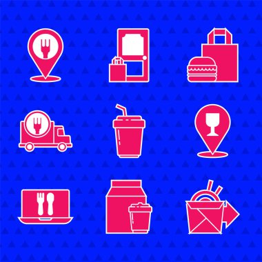 Kahve fincanını hazır et, çevrimiçi sipariş ve teslimat, erişte, alkollü bira barı konumu, araba, burger ve kafe ikonu. Vektör