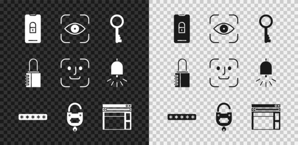 Set Mobile avec cadenas fermé, Analyse des yeux, Ancienne clé, Protection par mot de passe, Verrouillage et, Modèle de site Web, Combinaison sûre et icône de reconnaissance faciale. Vecteur — Image vectorielle