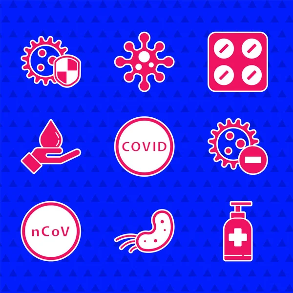 設定コロナウイルスcovid-19 、ウイルス、液体抗菌石鹸のボトル、ネガ、 2019-nCV 、手を洗う、薬ブリスターパックとアイコンから保護シールド。ベクトル — ストックベクタ
