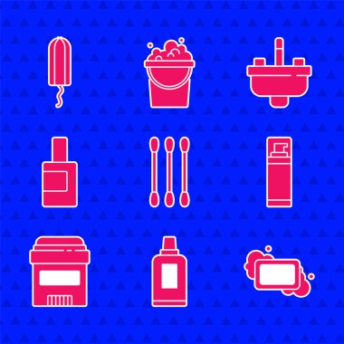 Kulaklar için pamuk çubuğu, şişe temizleme maddesi, sabun, tıraş jeli köpüğü, terleme önleyici deodorant rulosu, su musluğu ve hijyenik tampon ikonu ile yıkama leğeni. Vektör