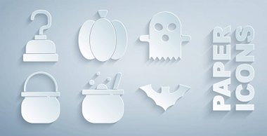 Cadılar Bayramı cadı kazanı, hayalet, uçan yarasa, balkabağı ve korsan kancası ikonu. Vektör