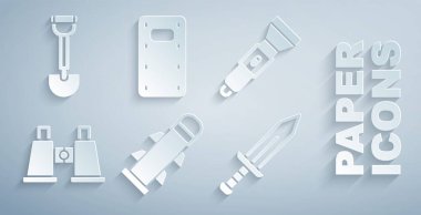 Roket, el feneri, dürbün, kılıç, askeri saldırı kalkanı ve istihkam küreği ikonu. Vektör