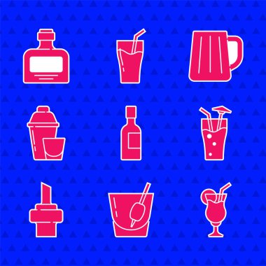 Şampanya şişesi, Kokteyl Bloody Mary şarap, karıştırıcı, bira bardağı ve viski ikonu. Vektör