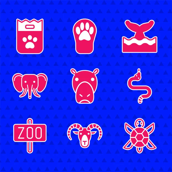 Set Hippo ή Ιπποπόταμος, επικεφαλής του κριαριού κατσίκα, χελώνα, φίδι, ζωολογικό κήπο πάρκο, ελέφαντας, φάλαινα ουρά σε ωκεάνιο κύμα και τσάντα εικόνα τροφίμων. Διάνυσμα — Διανυσματικό Αρχείο