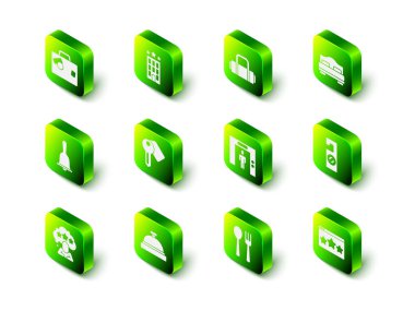 Otel binası, bavul, oda yatağı, lütfen rahatsız etmeyin, beş yıldızlı değerlendirme, kaldırma, çatal, kaşık ve servis çanı simgesi. Vektör