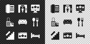 Telefon ahizesi, asansör, beş yıldızlı değerlendirme, merdivenler, otel odası yatağı, bavul ve kanepe ikonu. Vektör