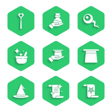 Sihirbaz şapkası, Kadim büyü kitabı, cadı, kazan, göz ve değnek ikonu. Vektör