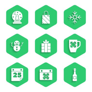 Hediye kutusu, takvim, şampanya şişesi, kar taneli kahve fincanı, Noel kardan adam, kar tanesi ve dünya ikonu. Vektör