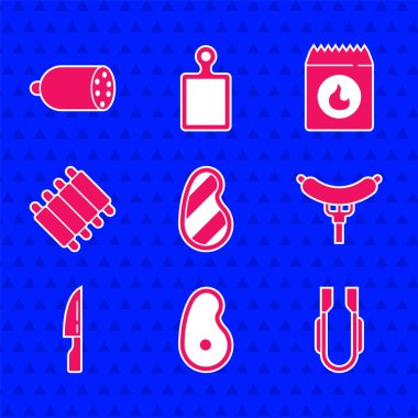 Biftek, et maşası, sosis çatal, barbekü bıçağı ızgara domuz pirzolası, kömür torbası ve salam ikonu. Vektör