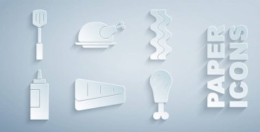 Biftek, domuz pastırması, sos şişesi, tavuk budu, kızarmış hindi ya da tavuk ve ızgara spatula ikonu. Vektör