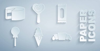 Dondurmayı waffle külahında, şekerlemede, lolipopta, kruvasanda ve kek ikonunda hazırla. Vektör