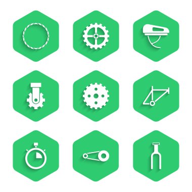 Bisiklet sprey kolu, dişli zincir, çatal, çerçeve, Kronometre, Derailleur bisiklet arka, kask ve tekerlek simgesi. Vektör