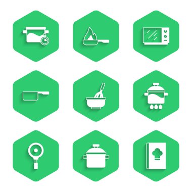 Mutfak çırpıcısını kase, tencere, yemek kitabı, tava, tencere, mikrodalga fırın ve ikon ile ayarlayın. Vektör