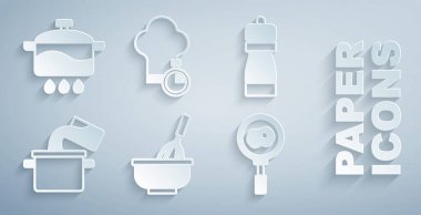 Mutfak çırpıcısını kase, Pepper, tencere, tavada kızarmış yumurta, şef şapkası ve ikon ile ayarlayın. Vektör