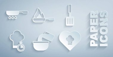 Saucepan, barbekü spatulası, şef şapkası, kızartma ve ikon. Vektör