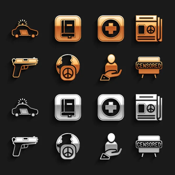 Set Día Internacional de la Paz, Noticias, Sello censurado, Seguro de vida en la mano, Pistola de pistola, letrero del hospital, destellador de coche de la policía y el icono del libro de leyes. Vector — Vector de stock