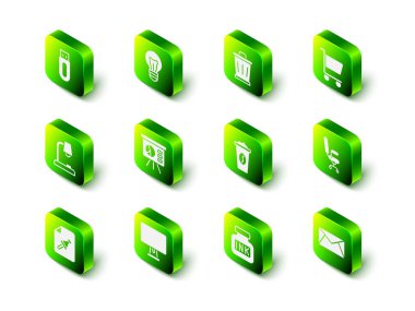 Ampul, çöp kutusu, alışveriş arabası, ofis koltuğu, posta ve e-posta, paket kahve fincanı, Inkwell ve Bilgisayar monitörü ikonu. Vektör