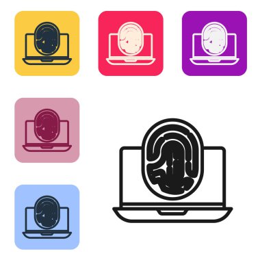 Beyaz zemin üzerinde parmak izi simgesi olan siyah çizgi dizüstü bilgisayar. Kimlik uygulaması simgesi. Kimlik işareti. Kimliğe dokun. Renkli kare düğmelerle simgeleri ayarla. Vektör