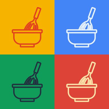Popüler sanat serisi mutfak çırpma kabı renkli arka planda izole edilmiş bir kase simgesi. Mutfak aletleri, yumurta çırpıcı. Çatal bıçak seti. Yemek karışımı sembolü. Vektör