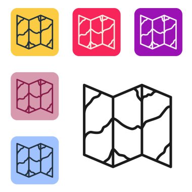 Siyah çizgi katlanmış harita simgesi beyaz arkaplanda izole edildi. Renkli kare düğmelerle simgeleri ayarla. Vektör