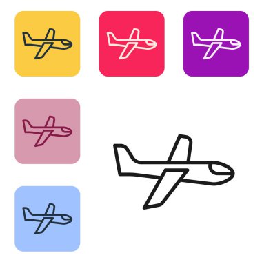 Siyah çizgi düzlem simgesi beyaz arkaplanda izole edildi. Uçan uçak ikonu. Uçak tabelası. Renkli kare düğmelerle simgeleri ayarla. Vektör