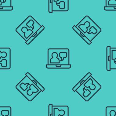 Siyah çizgi Çevrimiçi Eğitim ve mezuniyet ikonu yeşil arka planda izole edilmiş kusursuz desen. İnternetteki öğretmen monitörde. Giyinme ve video semineri öğrenme. Vektör