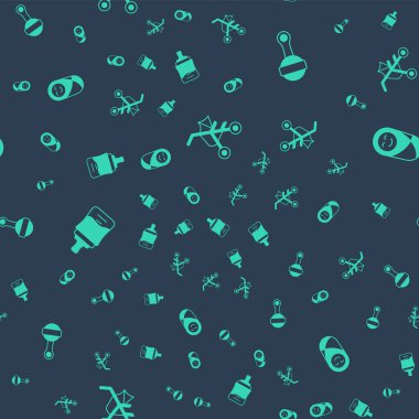 Bebek arabası, oyuncak bebek çıngırağı, şişe ve yeni doğmuş bebeği kusursuz bir şekilde kundakla. Vektör