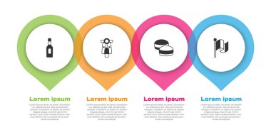 Şampanya şişesi, Scooter, Macaron kurabiyesi ve bayrak Fransa. Ticari bilgi şablonu. Vektör