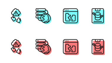 Satır Kırık dosyasını, Bulut hacklemesini, Ağ Bulutu bağlantısını ve Sunucu, Veri, Web Sunucu simgesini ayarla. Vektör