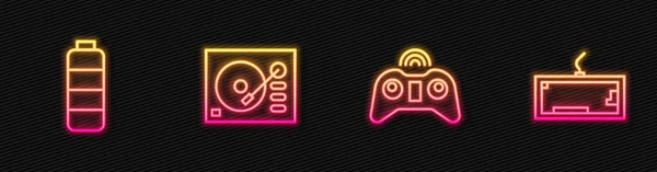 Set line Wireless gamepad, Battery charge level indicator, Vinyl player and Keyboard. Zářící neonová ikona. Vektor — Stockový vektor