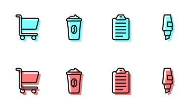 Liste yapmak ya da planlamak için sıraya girin, alışveriş arabası, kahve fincanı ve kalem simgesi. Vektör