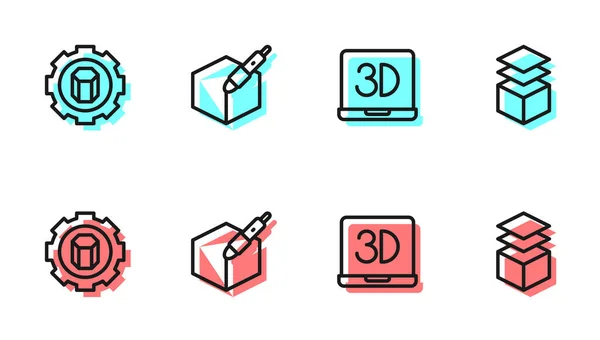 Nastavit liniovou 3D tiskárnu, nastavení, 3D pero a ikonu Vrstvy. Vektor — Stockový vektor