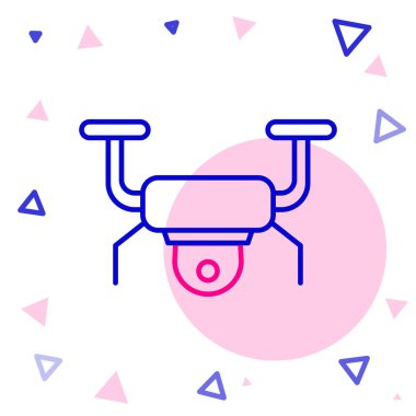 İHA uçuş simgesi beyaz arkaplanda izole edildi. Video ve fotoğraf makinesi sembollü dörtlü helikopter. Renkli taslak konsepti. Vektör