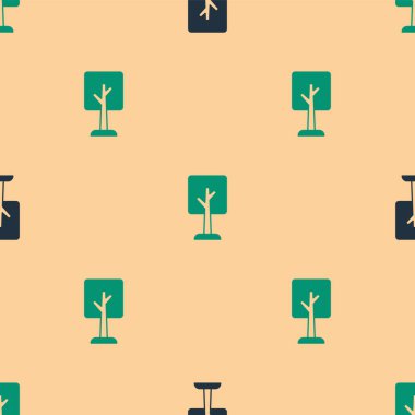 Yeşil ve siyah ağaç simgesi, bej arkaplandaki kusursuz deseni izole etti. Orman sembolü. Vektör