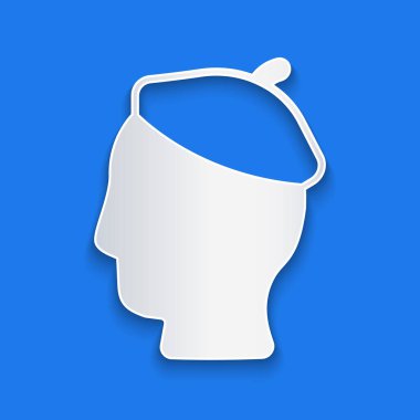 Kağıt kesiği, mavi arka planda izole edilmiş Fransız adam simgesi. Kağıt sanatı tarzı. Vektör