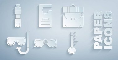 Gözlük, yürüyüş sırt çantası, dalış maskesi ve şnorkel, Meteoroloji termometresi lütfen rahatsız etmeyin ve bir şişe su ikonu. Vektör