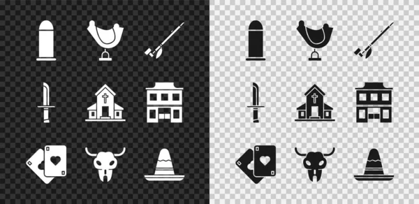 Set Mermisi, Vahşi Batı eyeri, Kızılderili sigara piposu, iskambil kağıdı, bufalo kafatası, Meksika şapkası, askeri bıçak ve kilise binası ikonu. Vektör — Stok Vektör