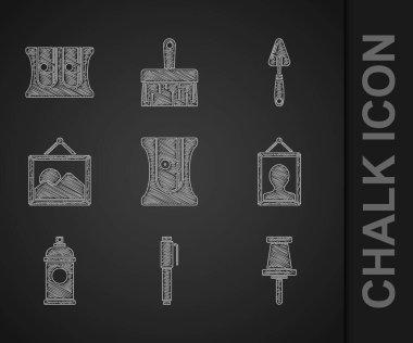 Kalem açacağı, raptiye, resim, boya spreyi, manzara, palet bıçağı ve ikon. Vektör