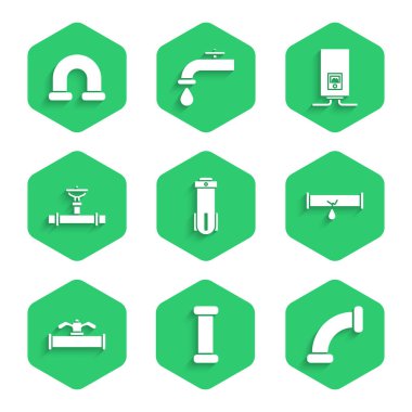 Su filtresi, endüstriyel metalik boru sızdıran su ve vanayla kırılan gaz ısıtıcısı, yanan ateş ve ikon. Vektör