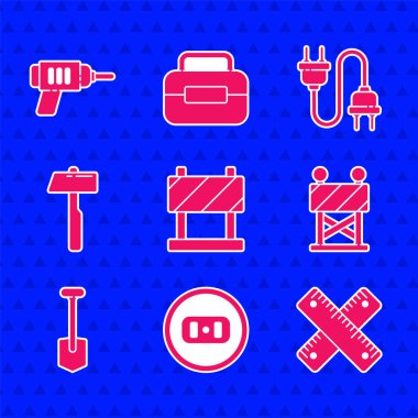 Yol bariyerini, elektrik prizini, çapraz cetveli, küreği, çekici, fiş ve matkap ikonunu ayarla. Vektör