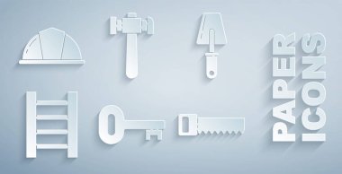 Eski anahtarı ayarla, Trowel, tahta merdiven, el testeresi, çekiç ve işçi kaskı ikonu. Vektör