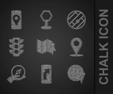 Set Folded map with push pin, City navigation, Globe flying plane, Location, Compass, Traffic light, location and icon. Vector vector
