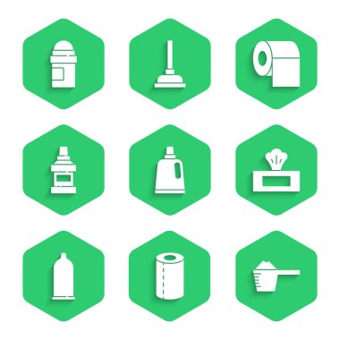Temizlik malzemesi için şişe, kağıt havlu rulosu, çamaşır tozu, ıslak mendil, prezervatif, ağız gargarası şişesi, tuvalet kağıdı ve terletici deodorant ikonu. Vektör