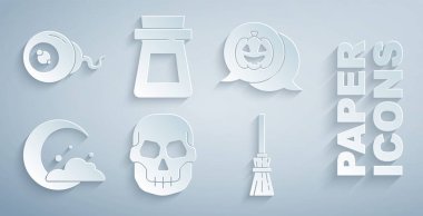 Kurukafa, Balkabağı, Ay ve yıldızlar, cadı süpürgesi, iksirli şişe ve göz ikonu. Vektör